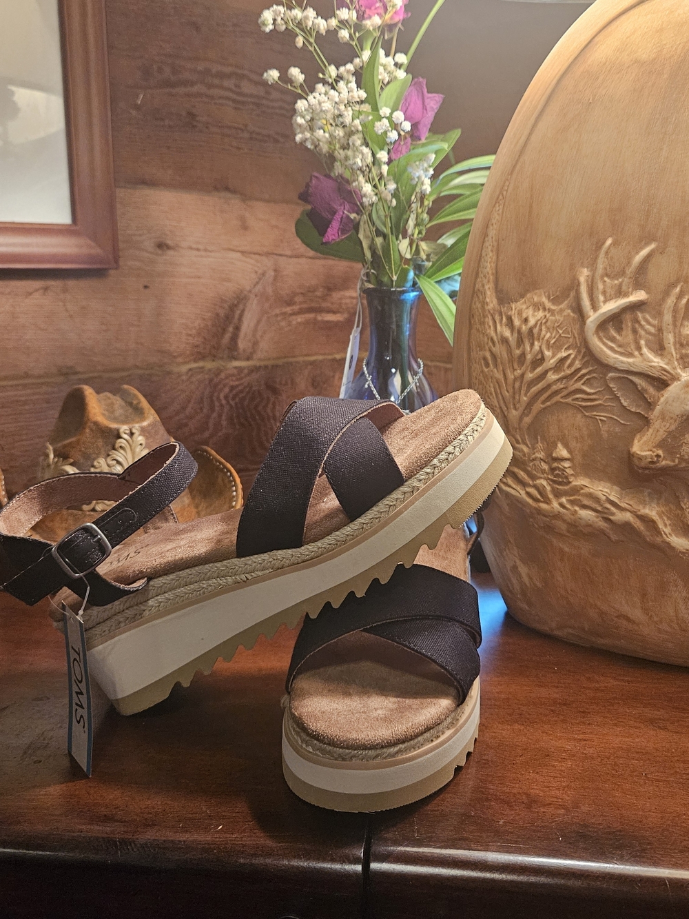 Toms Black Crisscross Wedge Sandals with Ankle Strap - Picture 4 of 10